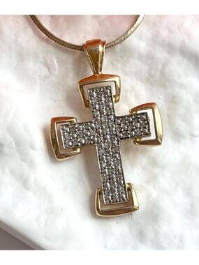 Cross Vermeil Gold Overlay CZ Vintage Sterling Silver 925 Pendant Necklace - 18"